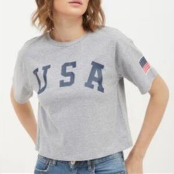 USA American Flag Gray Cropped Top T Shirt Women's XL July 4th New! Patriotic - Picture 1 of 9